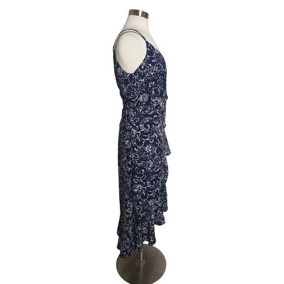 Women's Blue Floral Midi Dress 12 Blue Cascade Ruffle Open Front Cottagecore - Picture 3 of 5